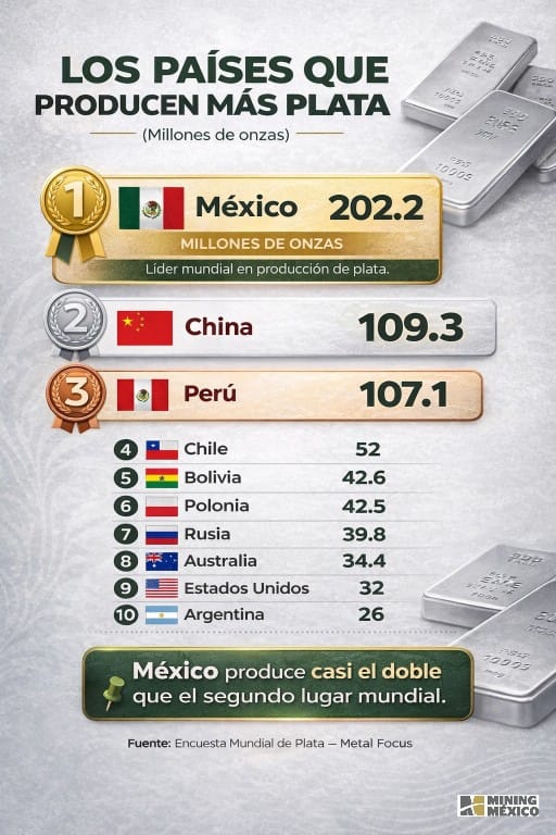 México se mantiene como líder mundial en producción de plata con 202.2 millones de onzas